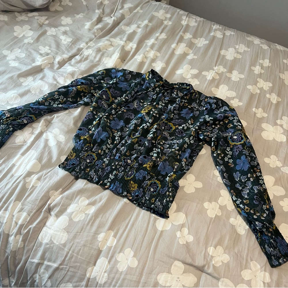 Rachel Zoe Navy Floral Smocked Waist Blouse